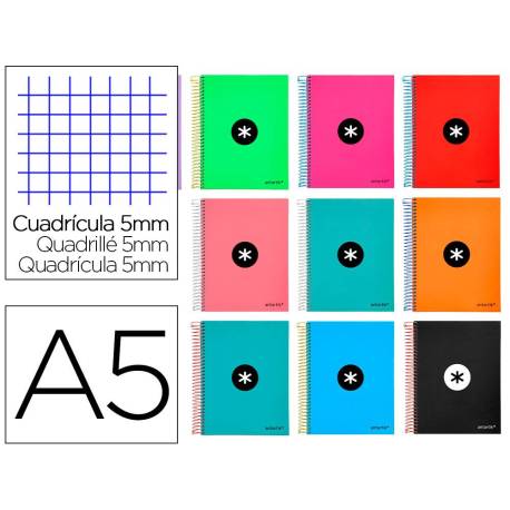 CUADERNO ESPIRAL LIDERPAPEL A5 MICRO ANTARTIK TAPA FORRADA120H 90GR CUADRO 5MM 5 BANDAS 6 TALADROS COLORES SURTIDOS